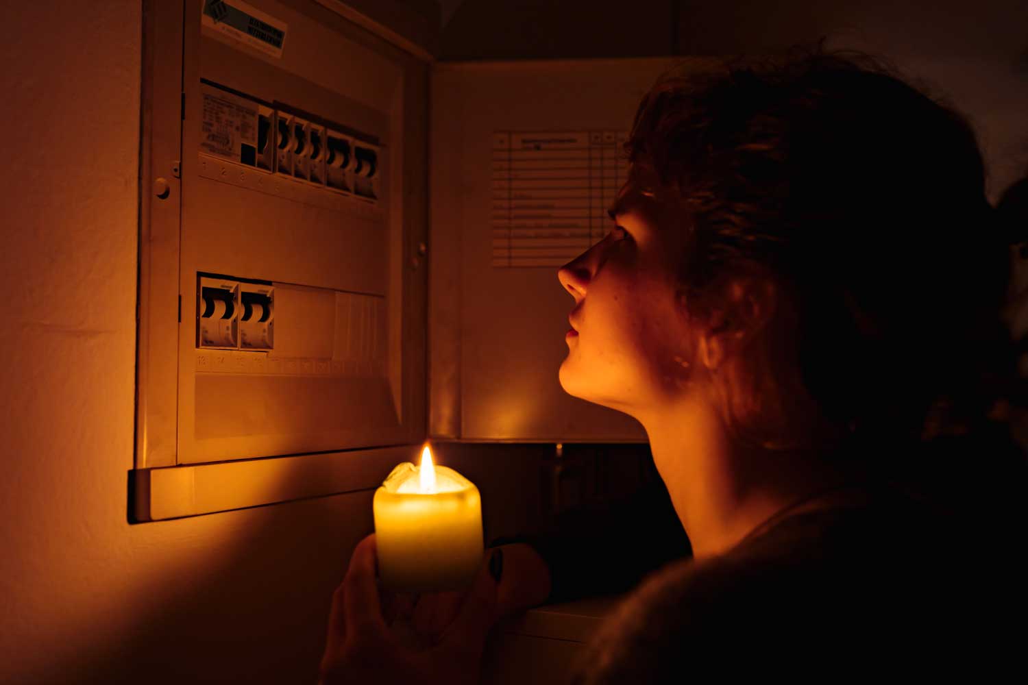 A woman holding a candle and standing in front of her electric panel, demonstrating the need for cold weather power outages